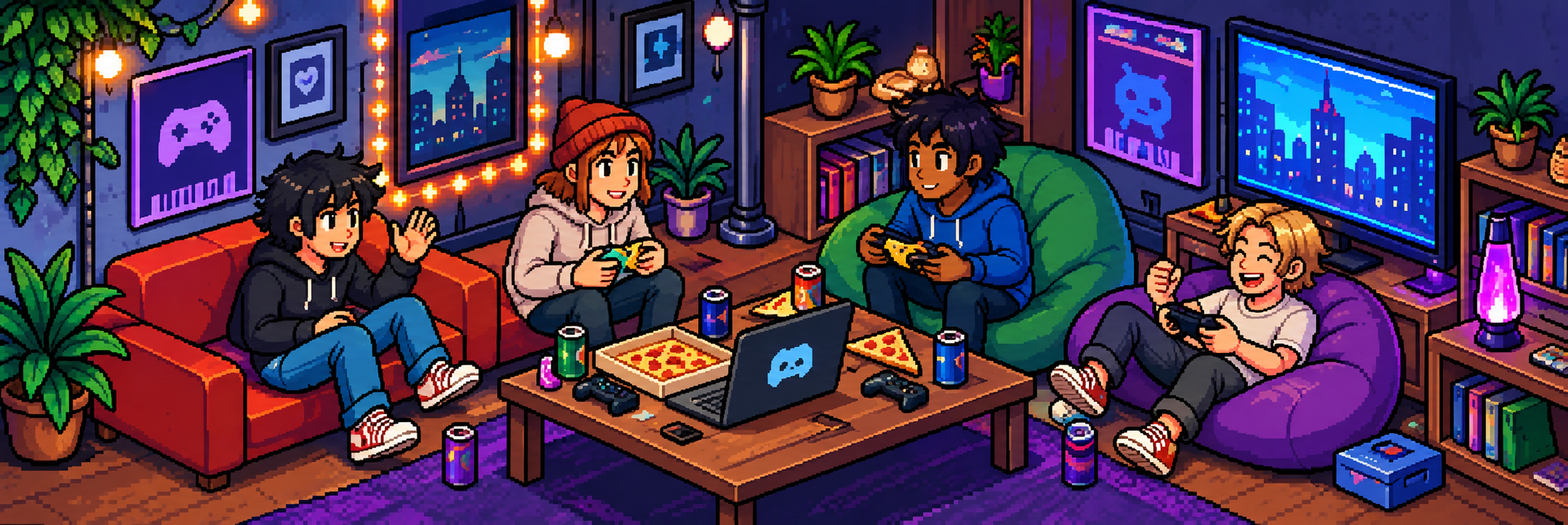 A cosy pixel lounge with a sofa, arcade cabinet and a city at sunset